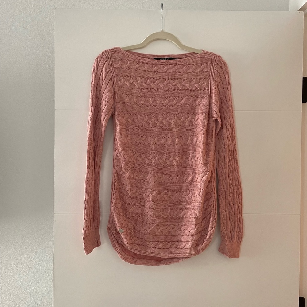 Lauren by Ralph Lauren Boat Neck, Cable Nit Sweater, Blush Pink, Size S